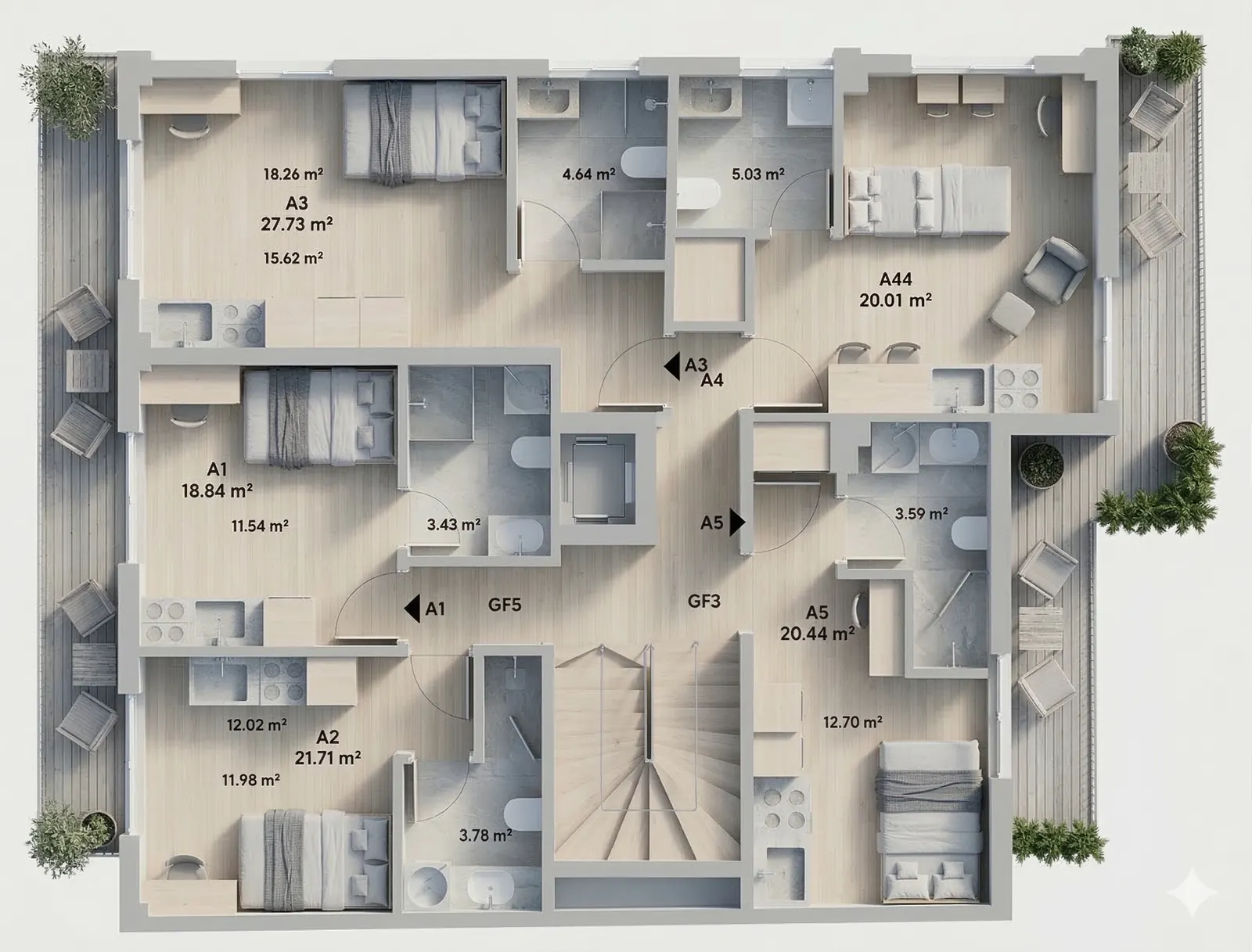 Furnished 3D floor plan of the MVR 19 first floor: apartments A1 to A5