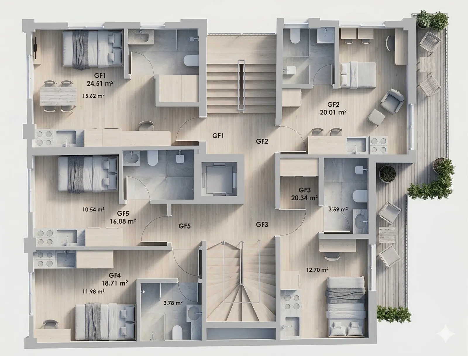 Furnished 3D floor plan of the MVR 19 ground floor: apartments GF1 to GF5