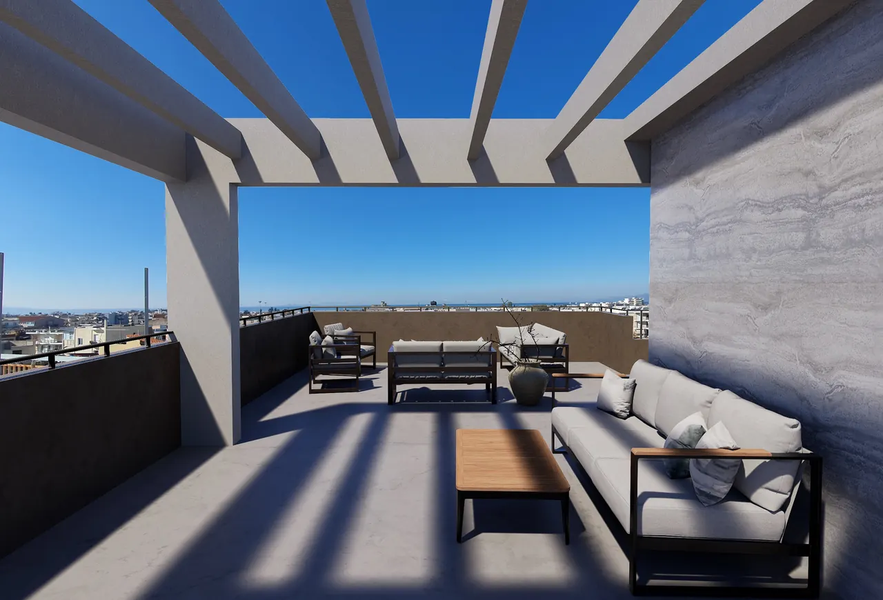 Concept render of the MVR 19 roof garden lounge under a pergola, overlooking Patras